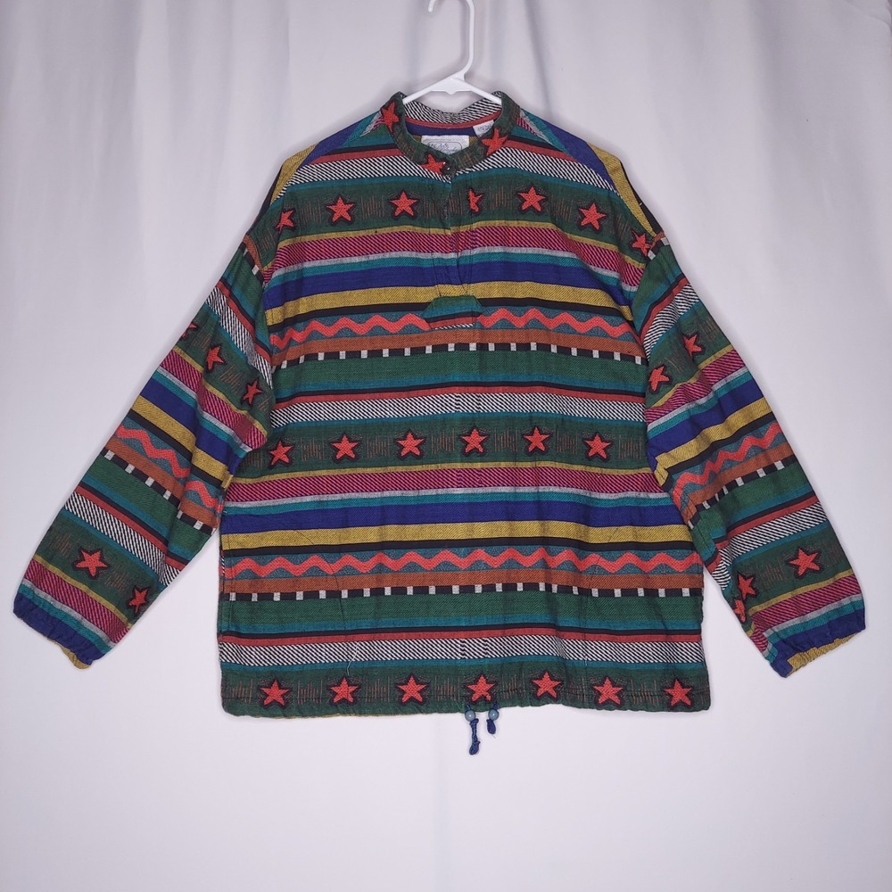 Angelique Vtg Top Women OS Woven Multicolor Stripe Stars Boho Hippie‎ Rainbow